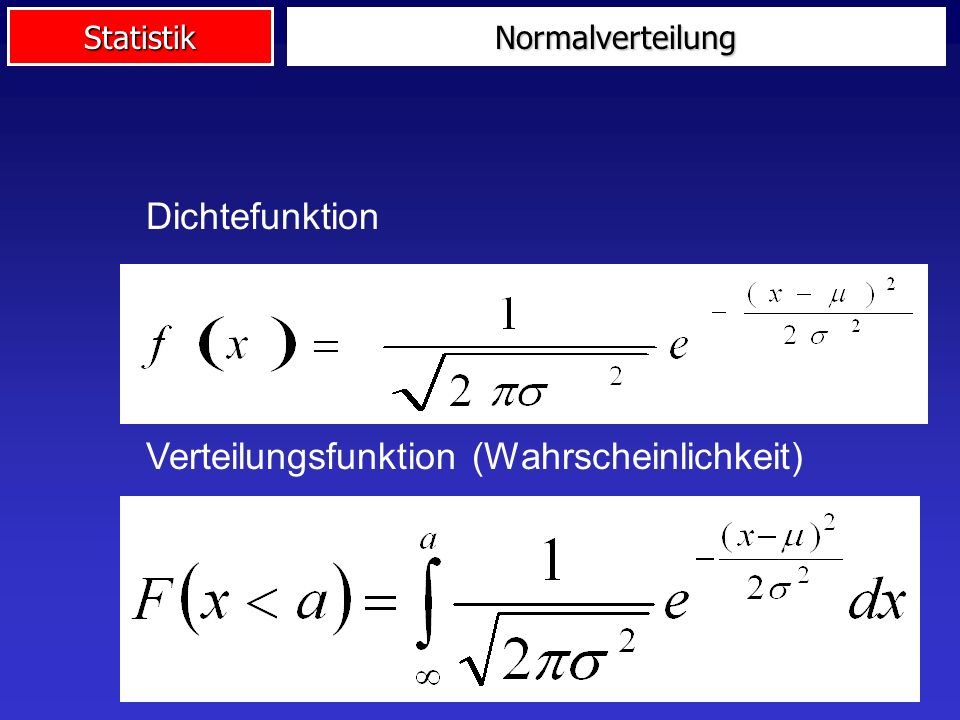 Statistik Dichtefunktion Verteilungsfunktion (Wahrscheinlichkeit) Normalverteilung