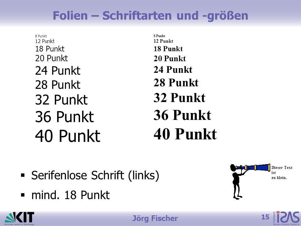 15 Jörg Fischer Folien – Schriftarten und -größen 8 Punkt 12 Punkt 18 Punkt 20 Punkt 24 Punkt 28 Punkt 32 Punkt 36 Punkt 40 Punkt Dieser Text ist zu klein.