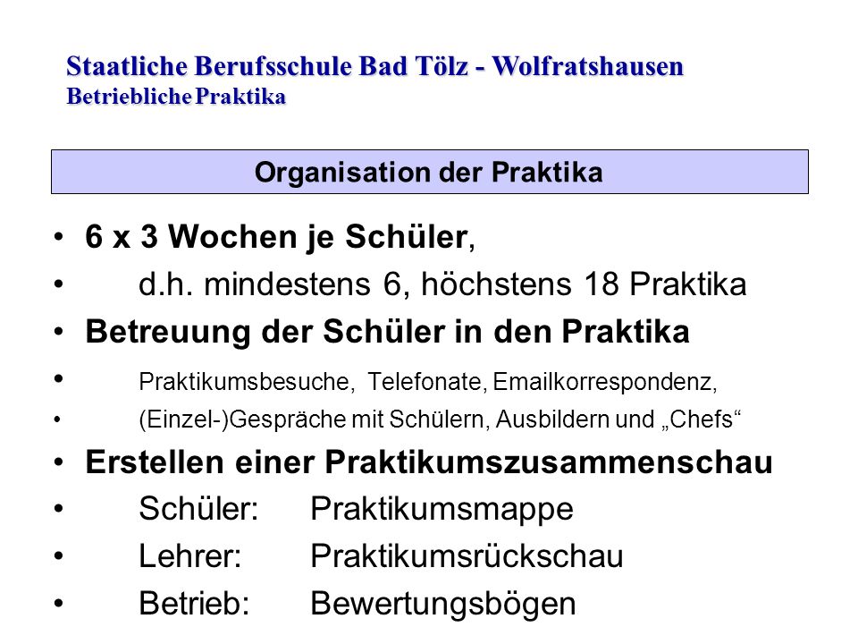 Staatliche Berufsschule Bad Tölz - Wolfratshausen 6 x 3 Wochen je Schüler, d.h.