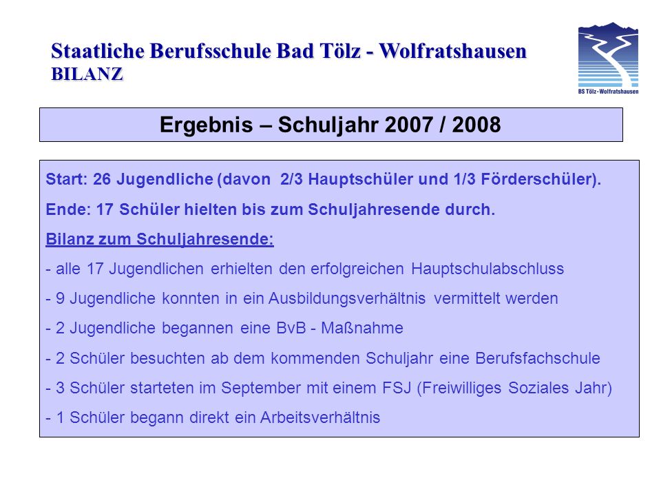 Staatliche Berufsschule Bad Tölz - Wolfratshausen Ergebnis – Schuljahr 2007 / 2008 BILANZ Start: 26 Jugendliche (davon 2/3 Hauptschüler und 1/3 Förderschüler).