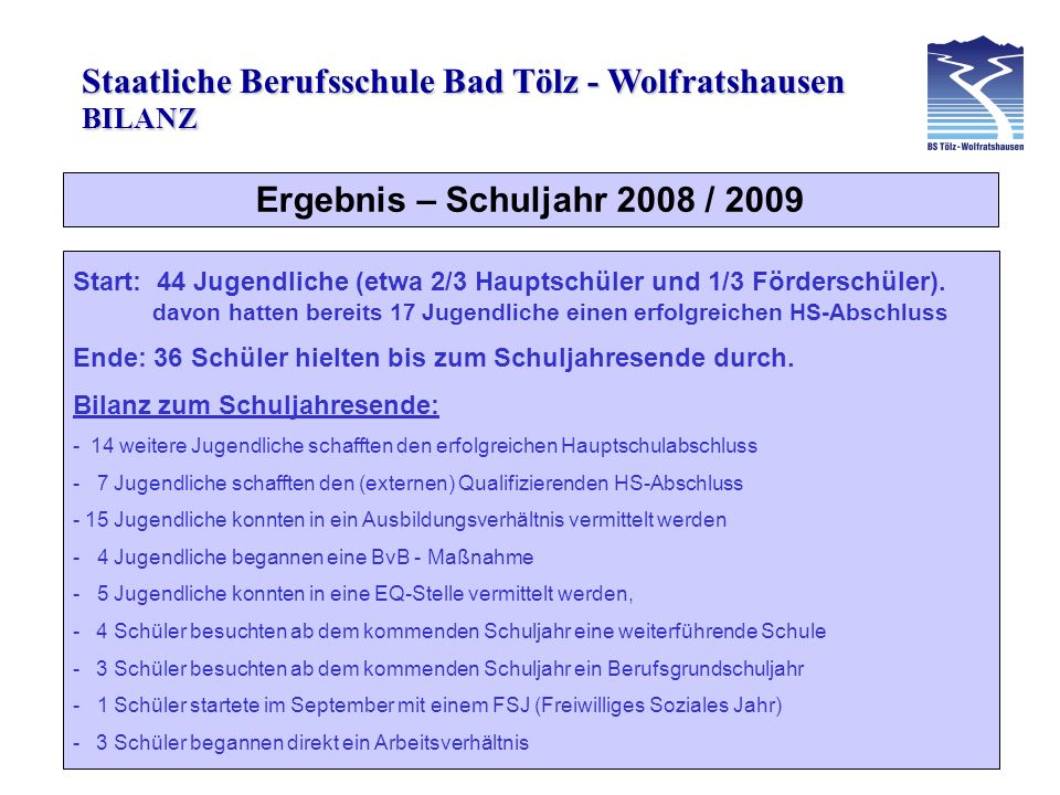 Staatliche Berufsschule Bad Tölz - Wolfratshausen Ergebnis – Schuljahr 2008 / 2009 BILANZ Start: 44 Jugendliche (etwa 2/3 Hauptschüler und 1/3 Förderschüler).