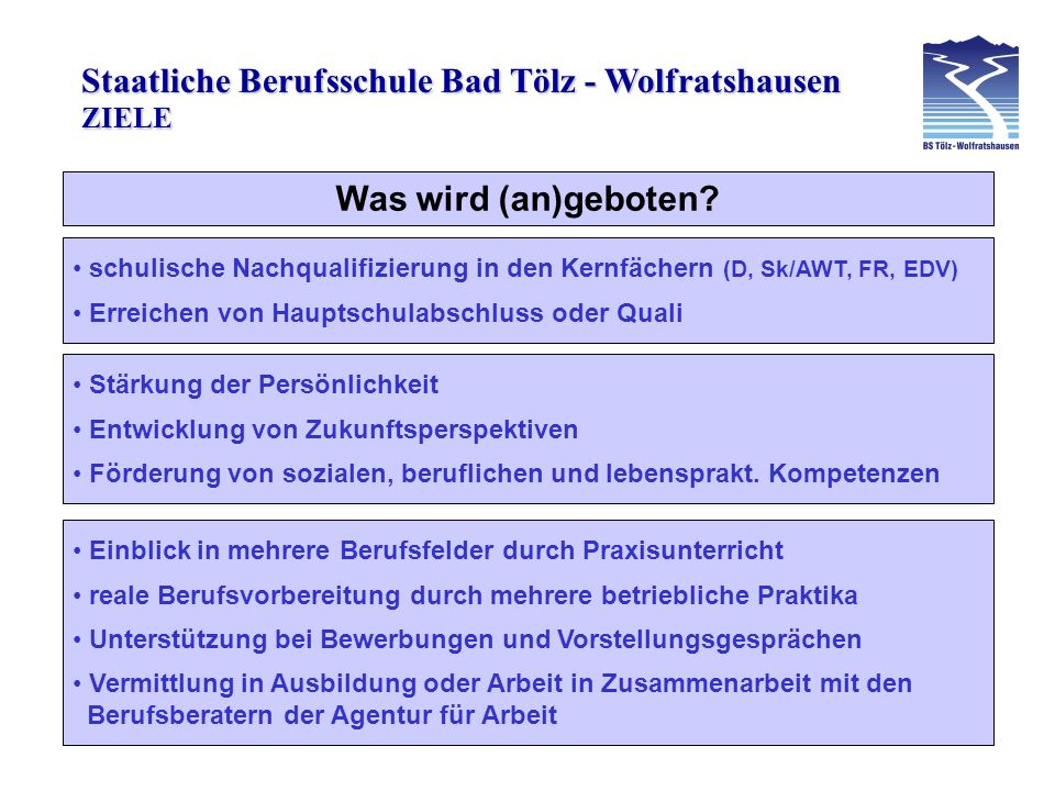 Staatliche Berufsschule Bad Tölz - Wolfratshausen schulische Nachqualifizierung in den Kernfächern (D, Sk/AWT, FR, EDV) Erreichen von Hauptschulabschluss oder Quali Was wird (an)geboten.