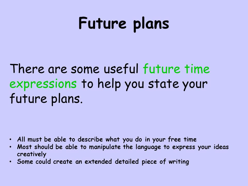 Future plans There are some useful future time expressions to help you state your future plans.