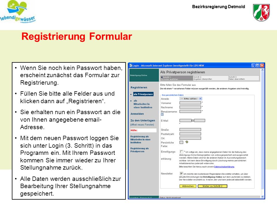 Bezirksregierung Detmold Registrierung Formular Wenn Sie noch kein Passwort haben, erscheint zunächst das Formular zur Registrierung.
