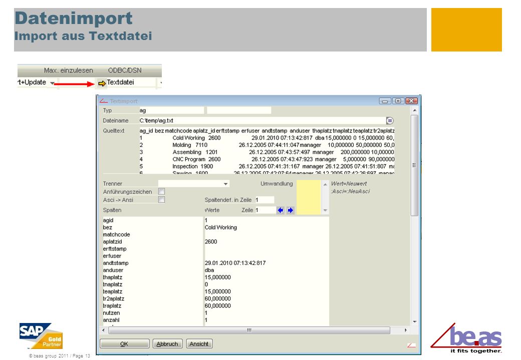 © beas group 2011 / Page 13 Datenimport Import aus Textdatei