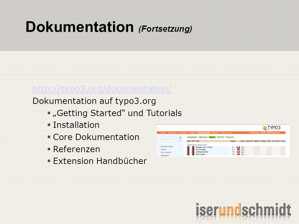 Dokumentation (Fortsetzung)   Dokumentation auf typo3.org Getting Started und Tutorials Installation Core Dokumentation Referenzen Extension Handbücher