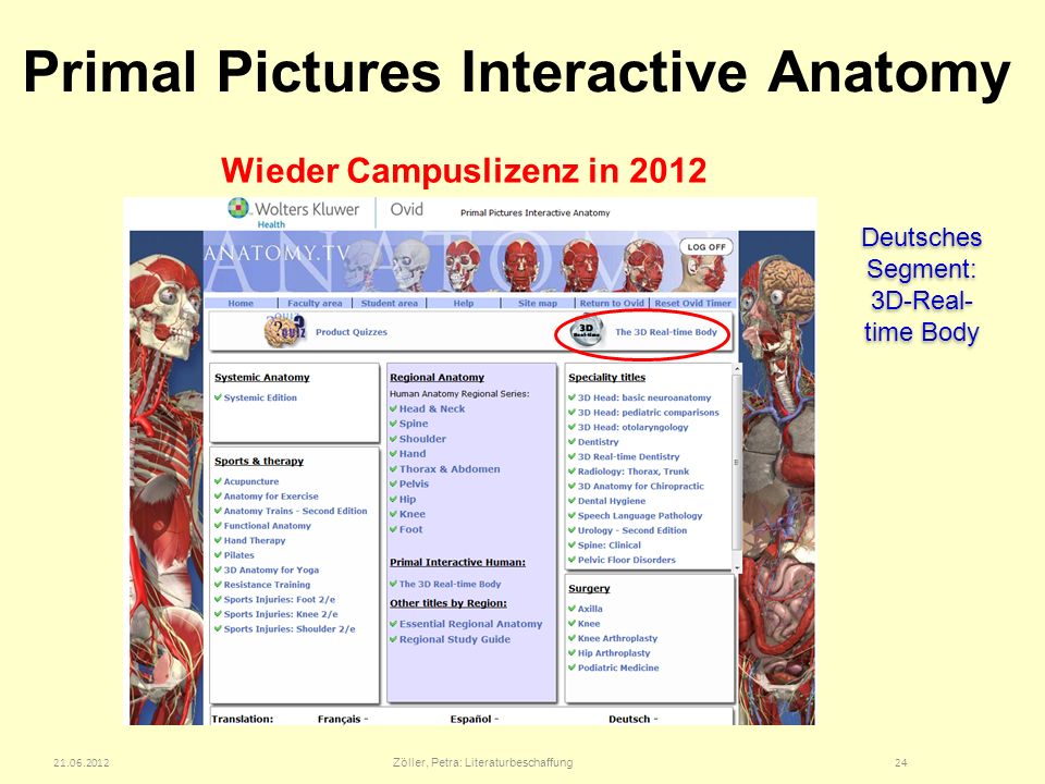 Primal Pictures Interactive Anatomy Zöller, Petra: Literaturbeschaffung 24 Deutsches Segment: 3D-Real- time Body Wieder Campuslizenz in 2012