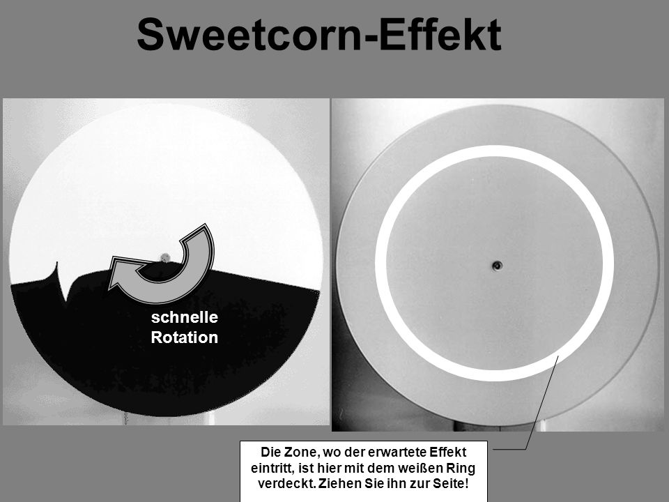 Sweetcorn-Effekt schnelle Rotation Die Zone, wo der erwartete Effekt eintritt, ist hier mit dem weißen Ring verdeckt.