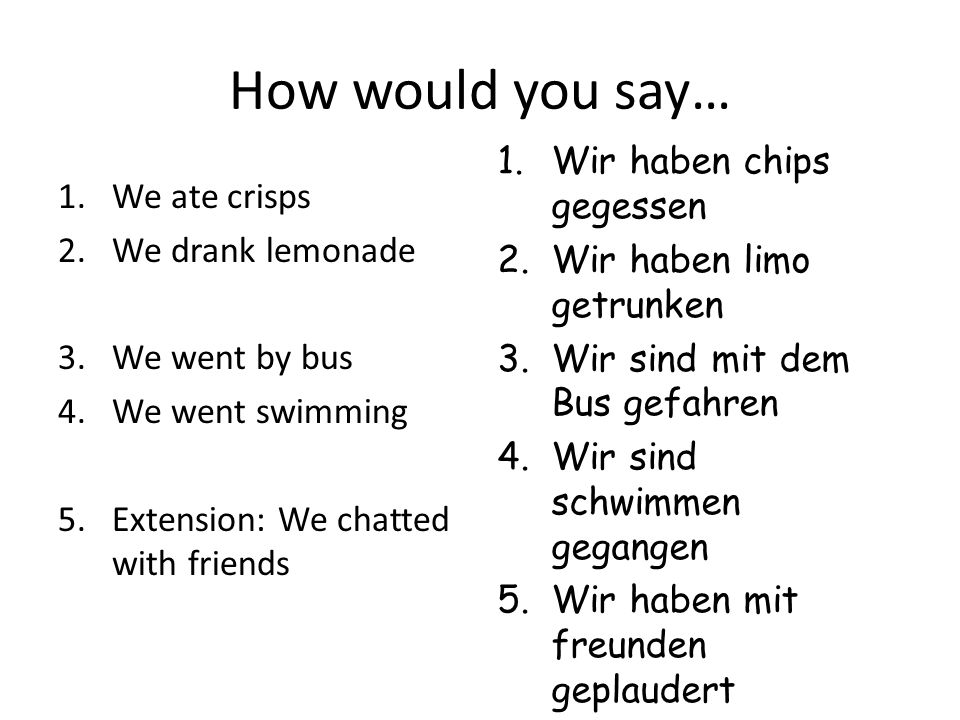 How would you say… 1.We ate crisps 2.We drank lemonade 3.We went by bus 4.We went swimming 5.Extension: We chatted with friends 1.Wir haben chips gegessen 2.Wir haben limo getrunken 3.Wir sind mit dem Bus gefahren 4.Wir sind schwimmen gegangen 5.Wir haben mit freunden geplaudert