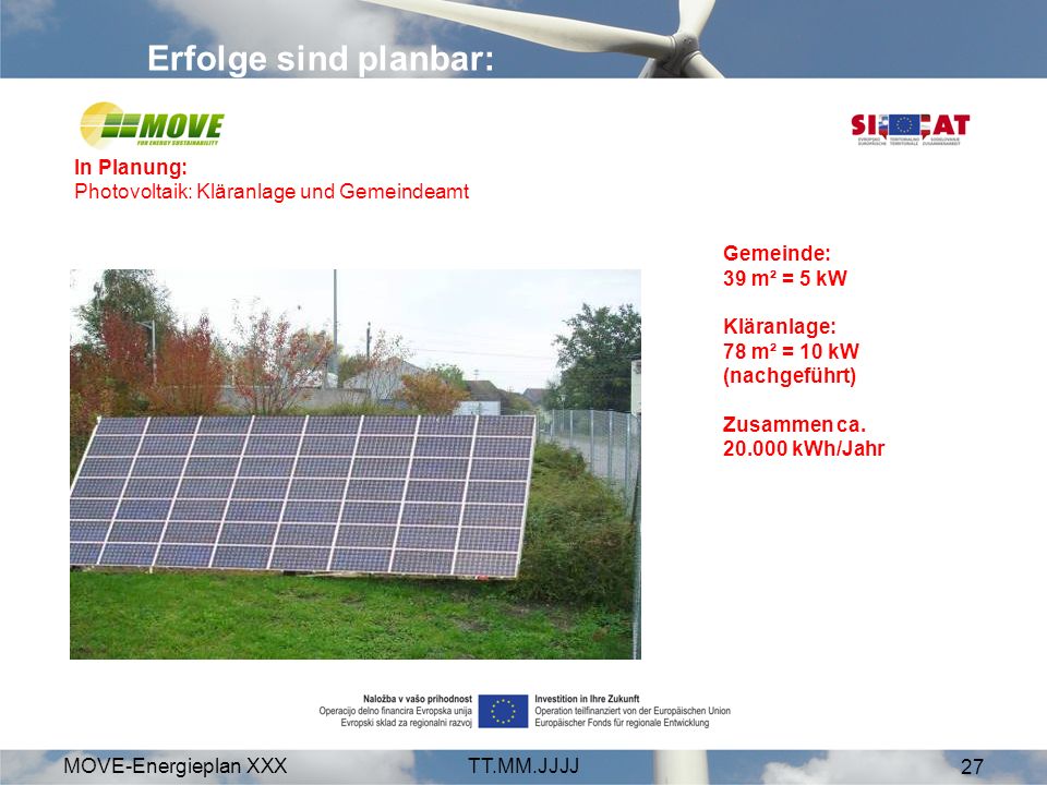 MOVE-Energieplan XXXTT.MM.JJJJ 27 Erfolge sind planbar: In Planung: Photovoltaik: Kläranlage und Gemeindeamt Gemeinde: 39 m² = 5 kW Kläranlage: 78 m² = 10 kW (nachgeführt) Zusammen ca.