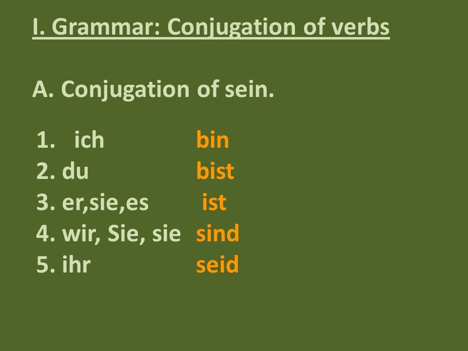 I. Grammar: Conjugation of verbs A. Conjugation of sein.