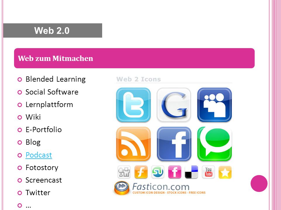 Blended Learning Social Software Lernplattform Wiki E-Portfolio Blog Podcast Fotostory Screencast Twitter … Web zum Mitmachen Web 2.0
