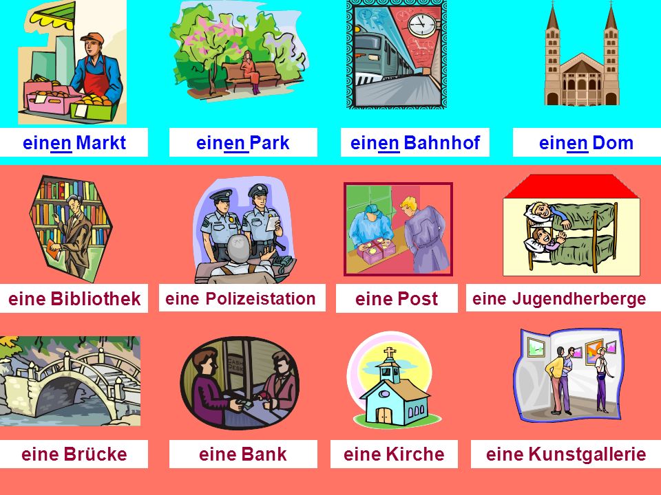 Was fehlt. (What is missing ) You will see 12 places in town on the next slide.