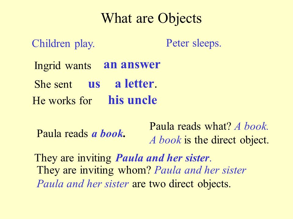 What are Objects Children play. Peter sleeps. Ingrid wants an answer She sent us a letter.
