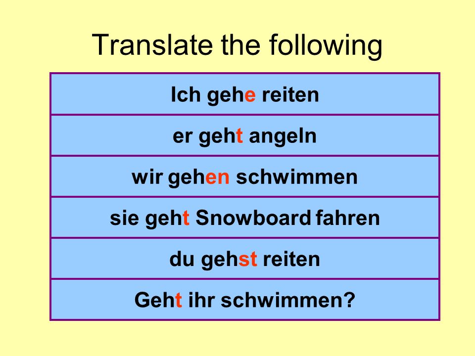 Translate the following I go riding He goes fishing We are going swimming she does go snowboarding you go riding (du) Do you (pl) go swimming.
