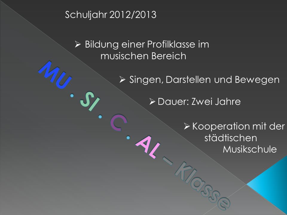 Schuljahr 2012/2013 Kooperation mit der städtischen Musikschule Dauer: Zwei Jahre Singen, Darstellen und Bewegen Bildung einer Profilklasse im musischen Bereich