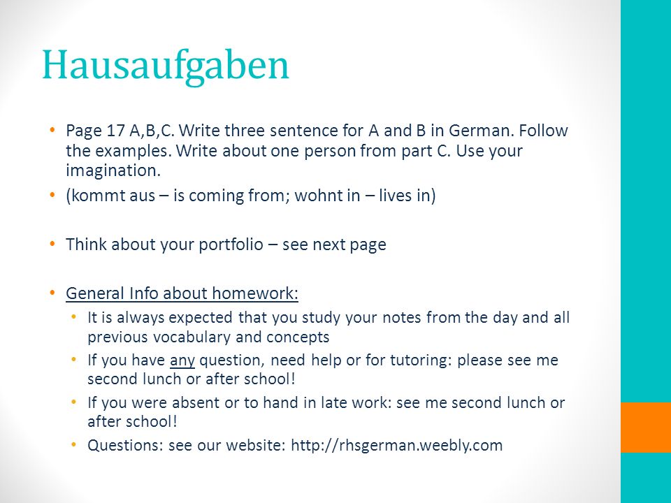 Hausaufgaben Page 17 A,B,C. Write three sentence for A and B in German.