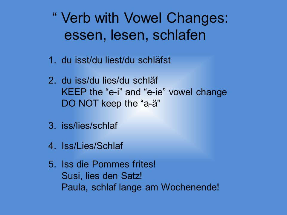 Verb with Vowel Changes: essen, lesen, schlafen 1.
