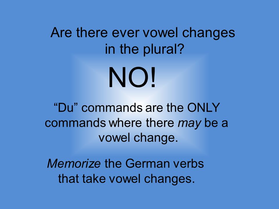 Are there ever vowel changes in the plural. NO.