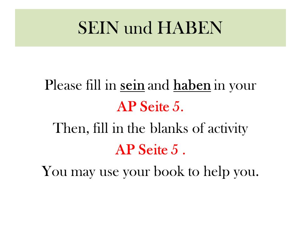 SEIN und HABEN Please fill in sein and haben in your AP Seite 5.
