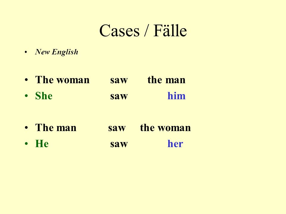 Cases / Fälle New English The woman saw the man Shesawhim The man saw the woman Hesawher