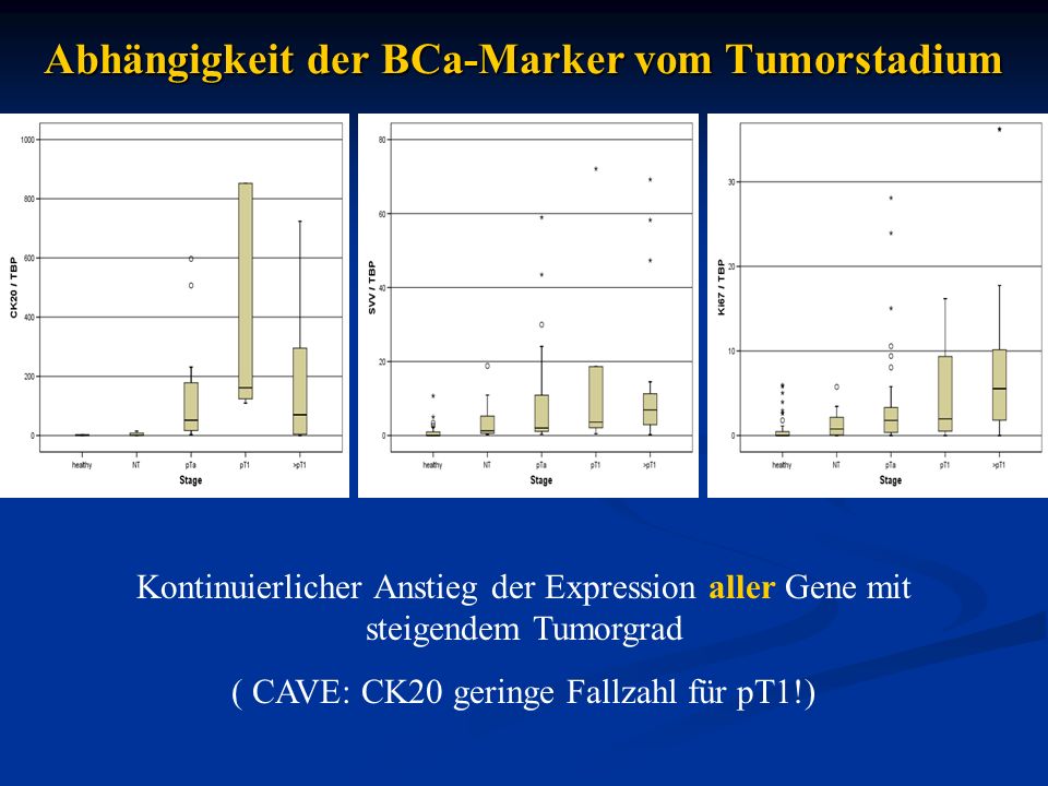 Abhängigkeit der BCa-Marker vom Tumorstadium Kontinuierlicher Anstieg der Expression aller Gene mit steigendem Tumorgrad ( CAVE: CK20 geringe Fallzahl für pT1!)