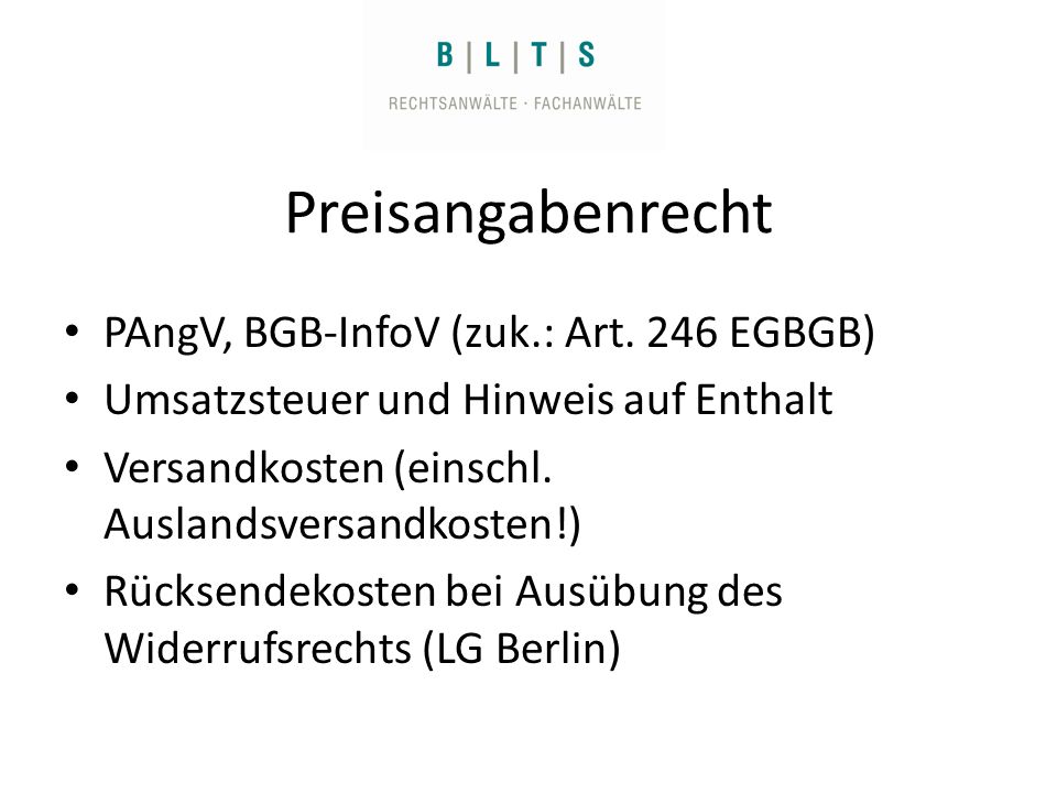 Preisangabenrecht PAngV, BGB-InfoV (zuk.: Art.