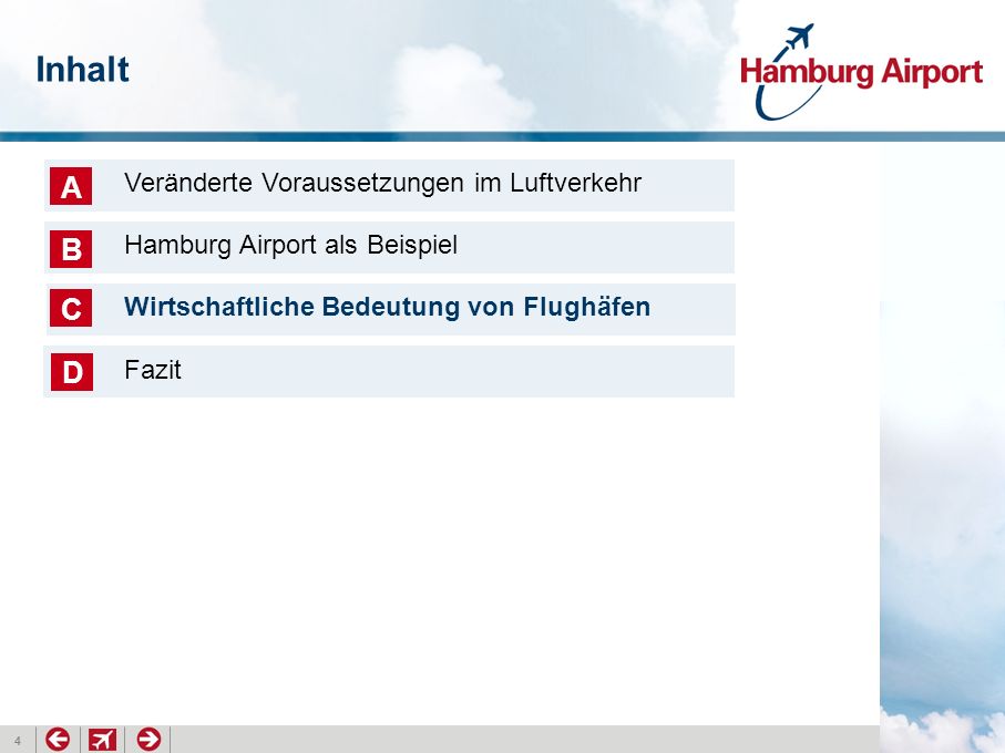 4 Inhalt Veränderte Voraussetzungen im Luftverkehr Hamburg Airport als Beispiel Wirtschaftliche Bedeutung von Flughäfen A B C D Fazit