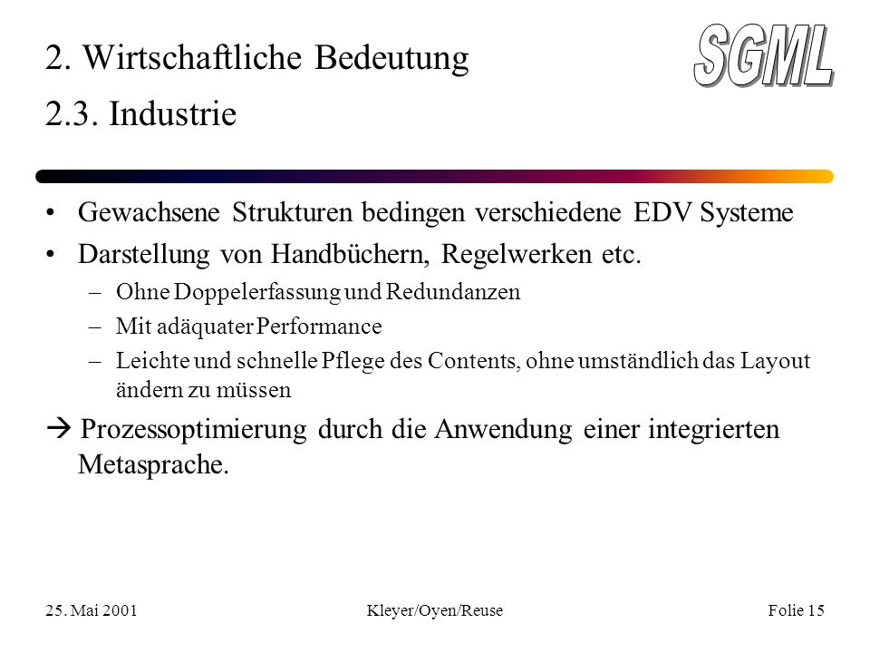 25. Mai 2001Kleyer/Oyen/ReuseFolie Wirtschaftliche Bedeutung 2.3.