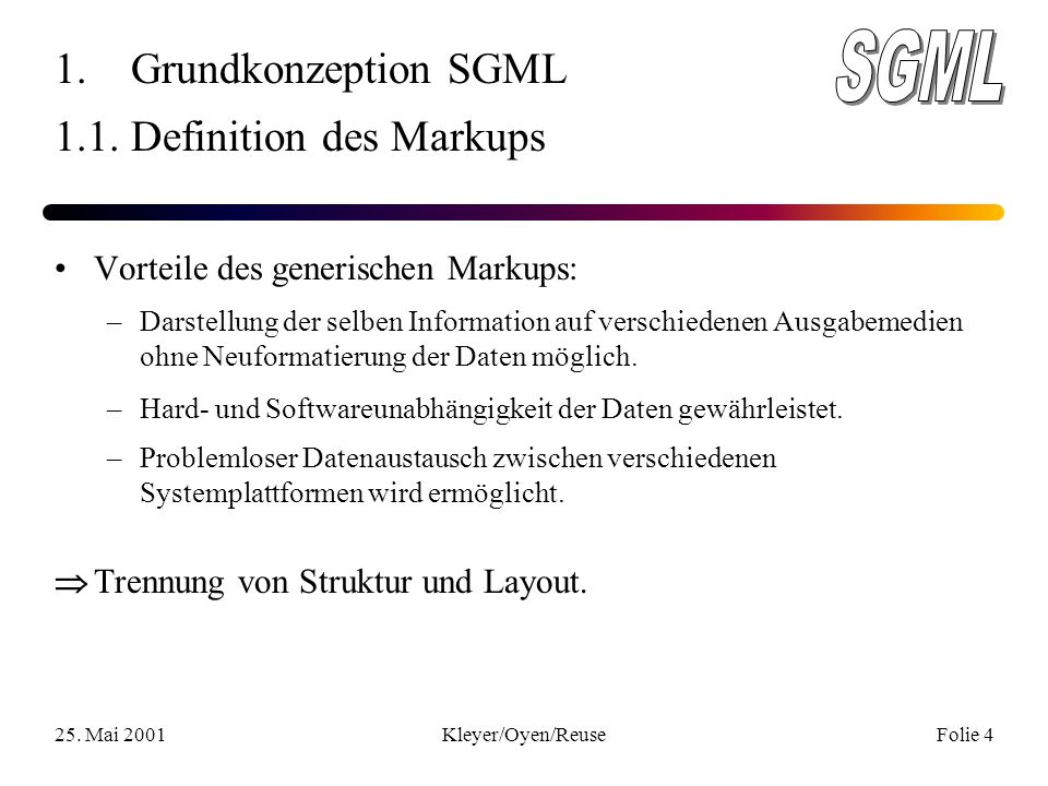 25. Mai 2001Kleyer/Oyen/ReuseFolie 4 1. Grundkonzeption SGML 1.1.
