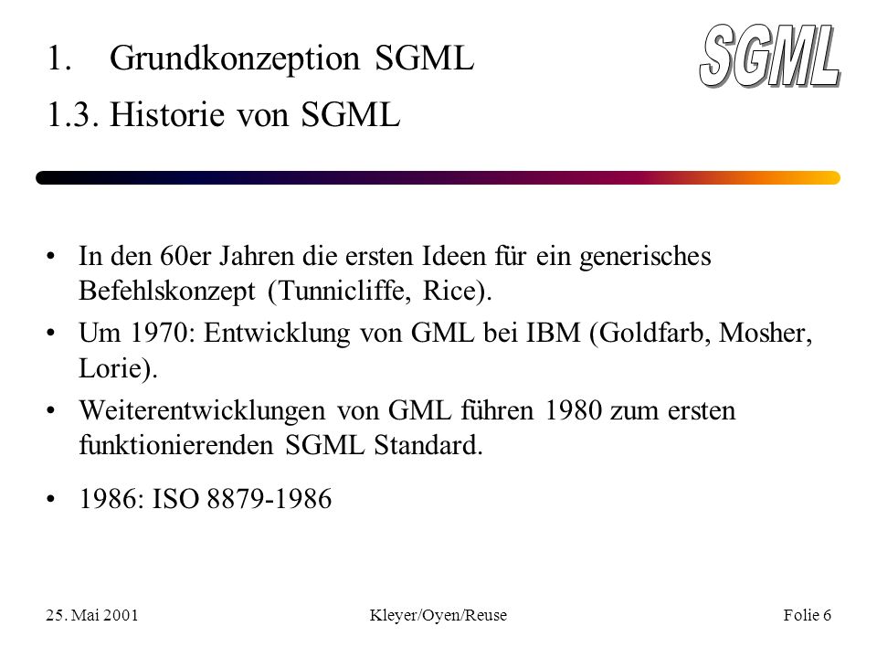 25. Mai 2001Kleyer/Oyen/ReuseFolie 6 1. Grundkonzeption SGML 1.3.
