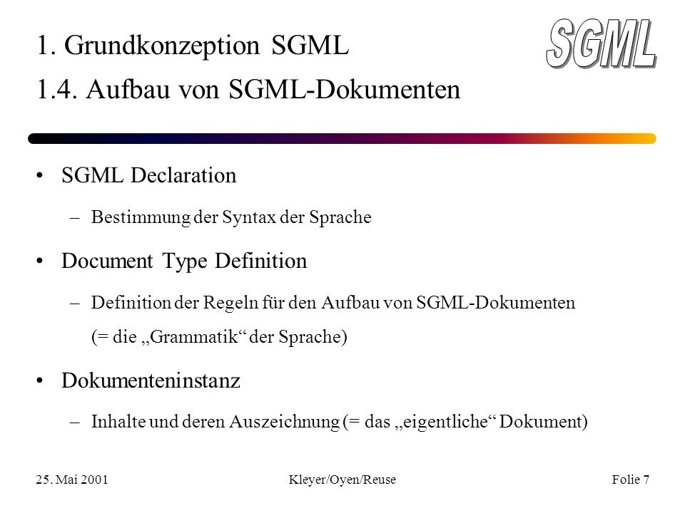 25. Mai 2001Kleyer/Oyen/ReuseFolie 7 1. Grundkonzeption SGML 1.4.