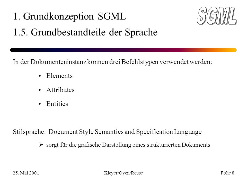 25. Mai 2001Kleyer/Oyen/ReuseFolie 8 1. Grundkonzeption SGML 1.5.