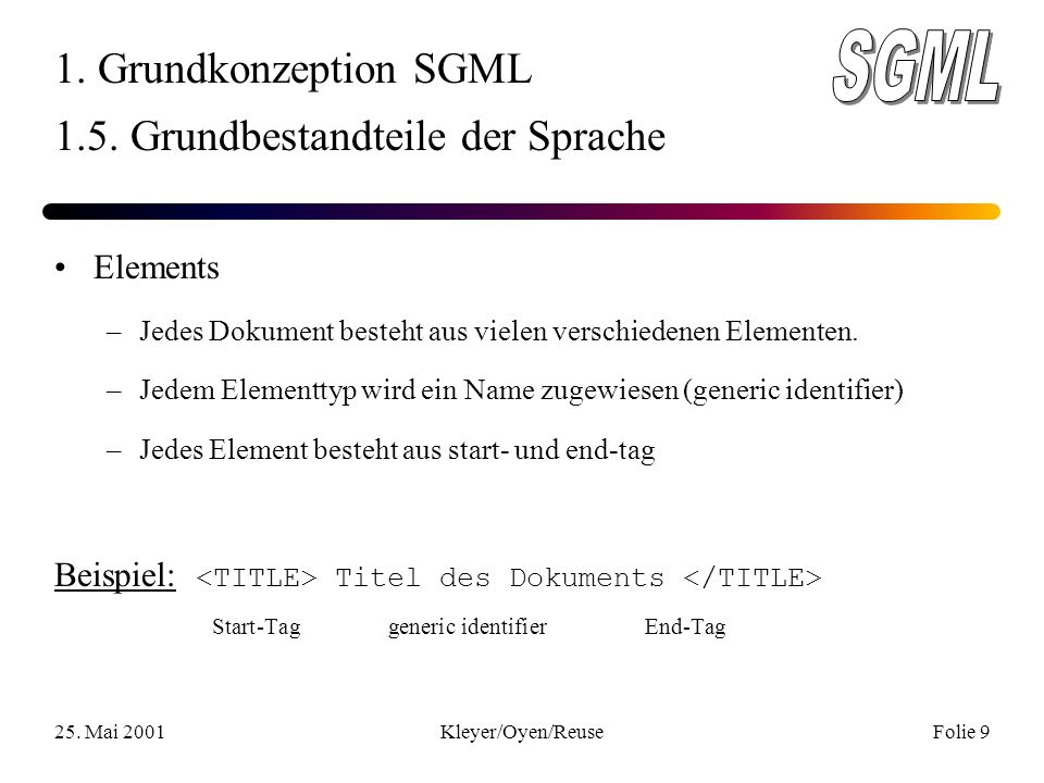 25. Mai 2001Kleyer/Oyen/ReuseFolie 9 1. Grundkonzeption SGML 1.5.