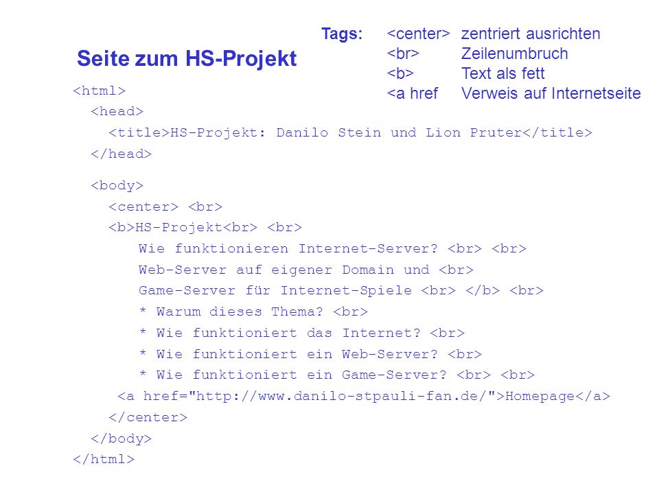 Seite zum HS-Projekt HS-Projekt: Danilo Stein und Lion Pruter HS-Projekt Wie funktionieren Internet-Server.