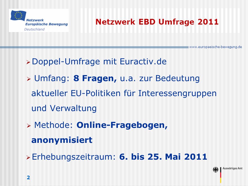 Netzwerk EBD Umfrage Doppel-Umfrage mit Euractiv.de Umfang: 8 Fragen, u.a.