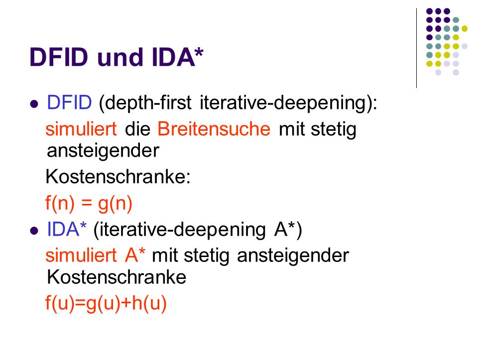 DFID und IDA* DFID (depth-first iterative-deepening): simuliert die Breitensuche mit stetig ansteigender Kostenschranke: f(n) = g(n) IDA* (iterative-deepening A*) simuliert A* mit stetig ansteigender Kostenschranke f(u)=g(u)+h(u)