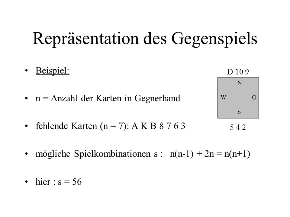Repräsentation des Gegenspiels Beispiel: n = Anzahl der Karten in Gegnerhand fehlende Karten (n = 7): A K B mögliche Spielkombinationen s : n(n-1) + 2n = n(n+1) hier : s = 56 N W S O D