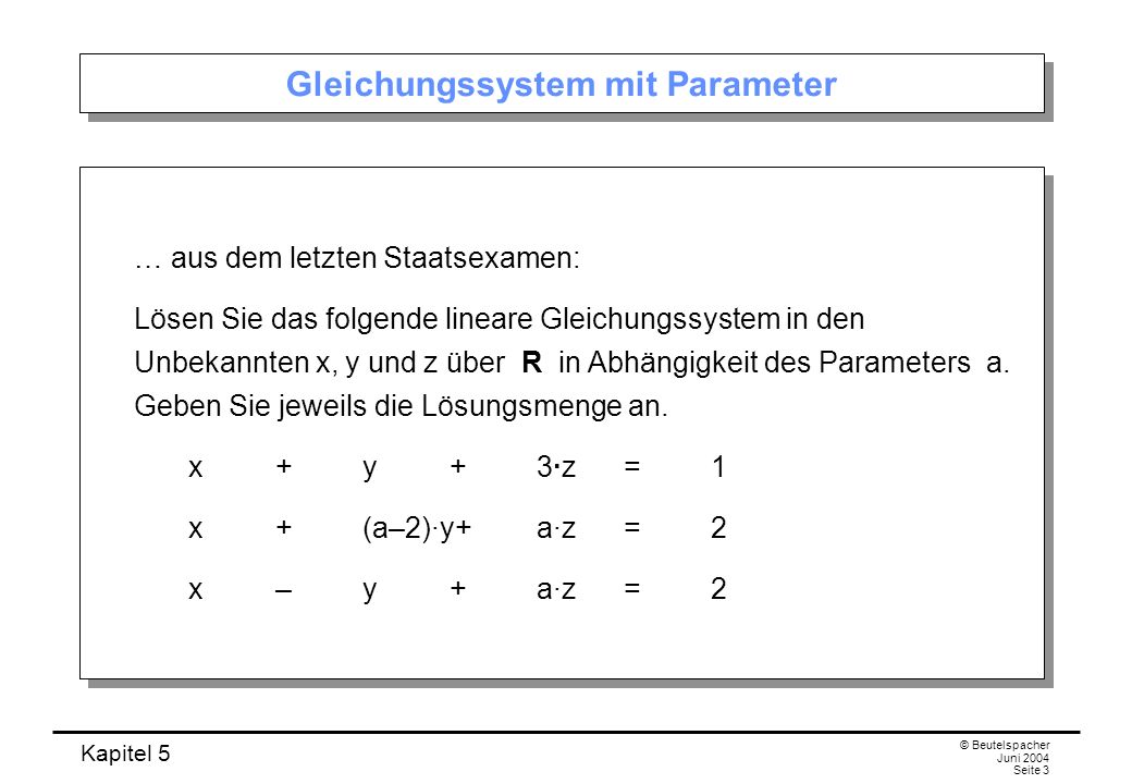 Kapitel 5 © Beutelspacher Juni 2004 Seite 3 Gleichungssystem mit Parameter … aus dem letzten Staatsexamen: Lösen Sie das folgende lineare Gleichungssystem in den Unbekannten x, y und z über R in Abhängigkeit des Parameters a.