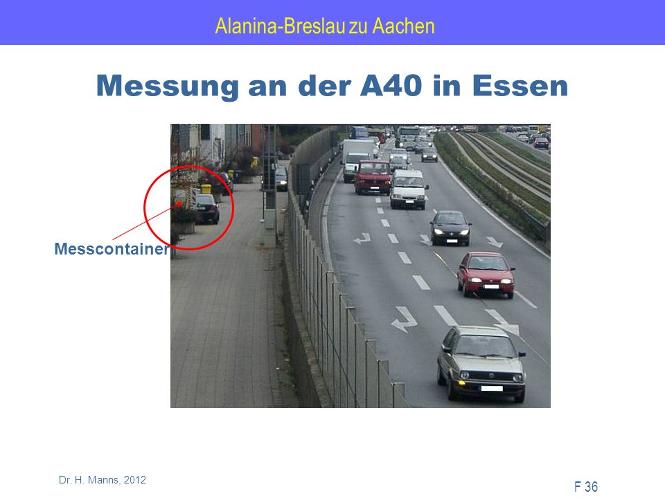 Alanina-Breslau zu Aachen F 36 Dr. H. Manns, 2012 Messung an der A40 in Essen Messcontainer