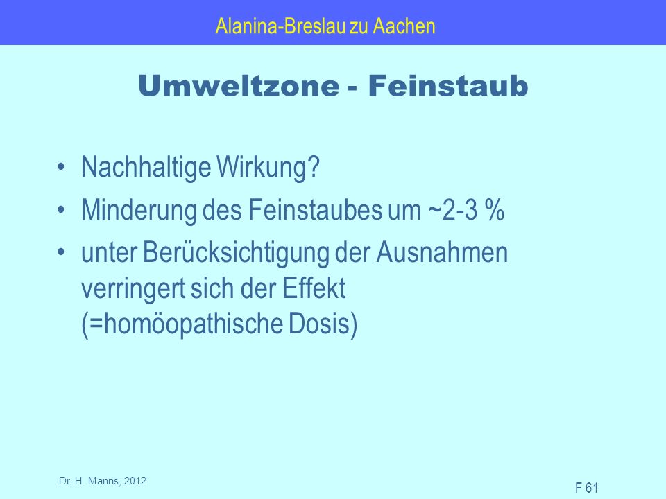 Alanina-Breslau zu Aachen F 61 Dr. H. Manns, 2012 Umweltzone - Feinstaub Nachhaltige Wirkung.