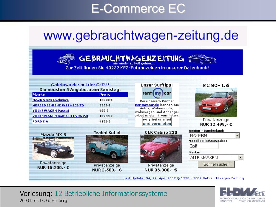 Vorlesung: 12 Betriebliche Informationssysteme 2003 Prof. Dr. G. Hellberg E-Commerce EC