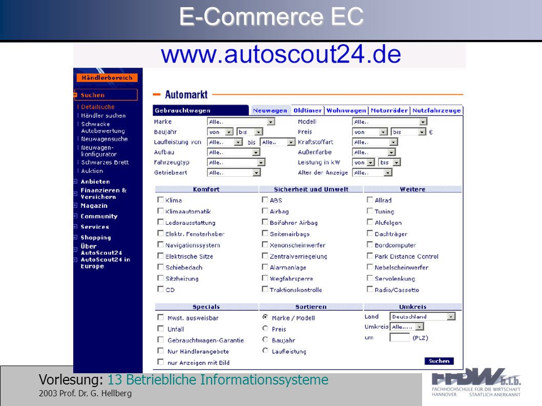 Vorlesung: 13 Betriebliche Informationssysteme 2003 Prof. Dr. G. Hellberg E-Commerce EC