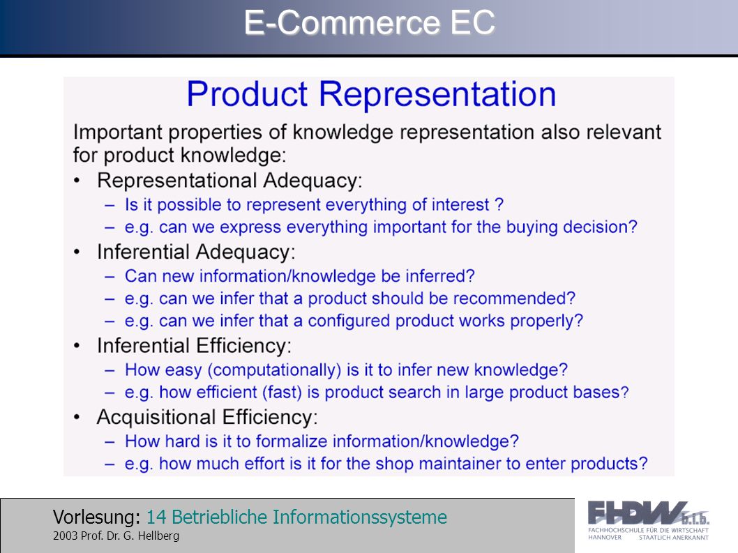 Vorlesung: 14 Betriebliche Informationssysteme 2003 Prof. Dr. G. Hellberg E-Commerce EC