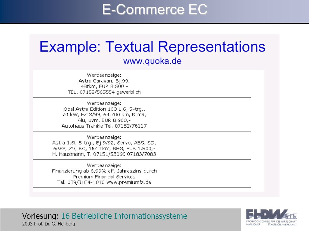Vorlesung: 16 Betriebliche Informationssysteme 2003 Prof. Dr. G. Hellberg E-Commerce EC