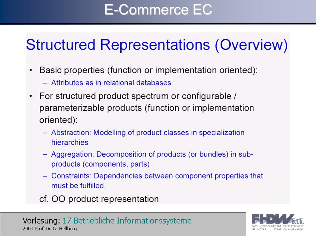 Vorlesung: 17 Betriebliche Informationssysteme 2003 Prof. Dr. G. Hellberg E-Commerce EC
