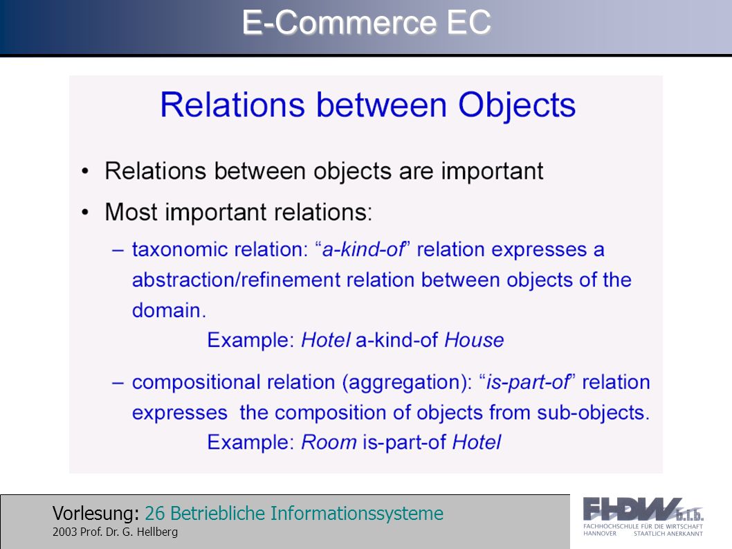 Vorlesung: 26 Betriebliche Informationssysteme 2003 Prof. Dr. G. Hellberg E-Commerce EC