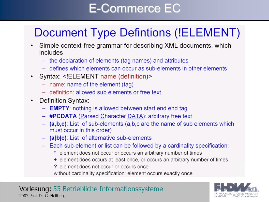 Vorlesung: 55 Betriebliche Informationssysteme 2003 Prof. Dr. G. Hellberg E-Commerce EC