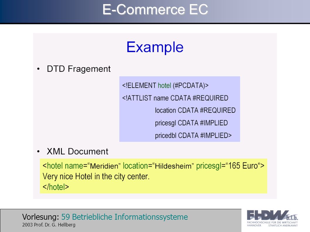 Vorlesung: 59 Betriebliche Informationssysteme 2003 Prof. Dr. G. Hellberg E-Commerce EC