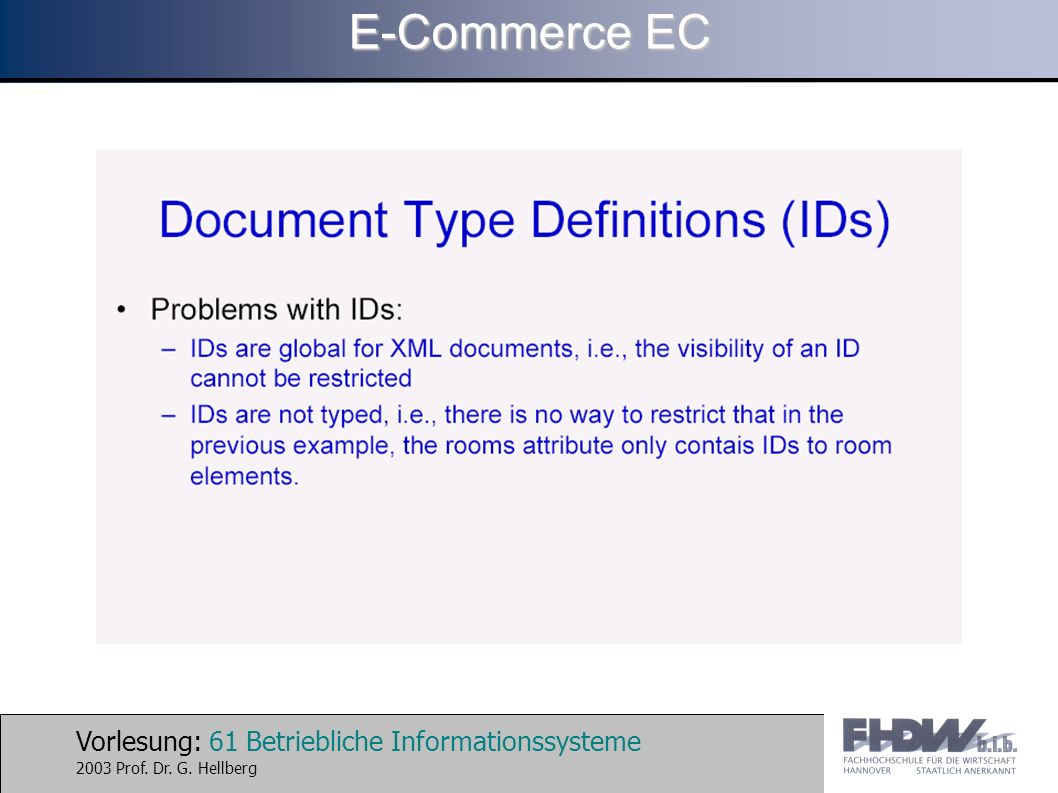 Vorlesung: 61 Betriebliche Informationssysteme 2003 Prof. Dr. G. Hellberg E-Commerce EC